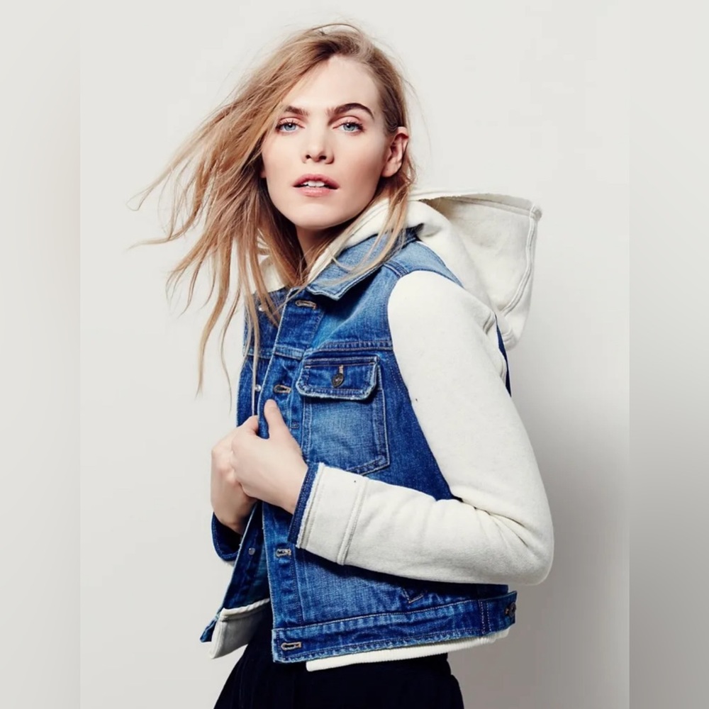 Free People Hooded Denim and Knit Jacket Size Small